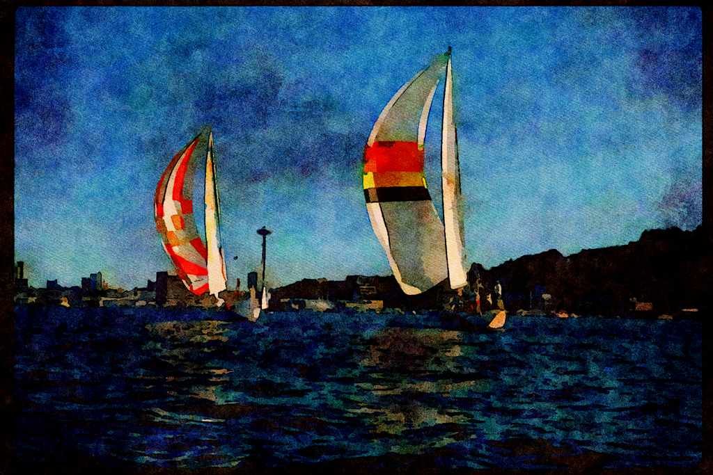 Sailboats Sail Sailing 007075 Sloops With Spinnaker Sails A4 Limited Edition Watercolour Print
