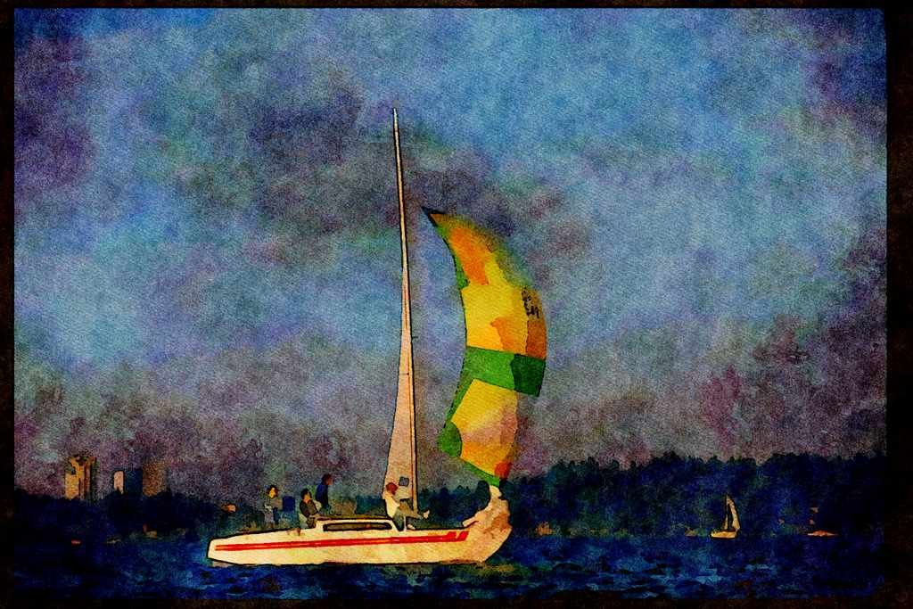 Sailboats Sail Sailing 007078 Sloop With Yellow And Green Spinnaker A4 Limited Edition Watercolour Print