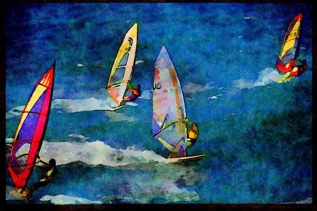 Sailing Sail Sailboarding 339031 Multiple Sailers, Hawaii A4 Limited Edition Watercolour Print