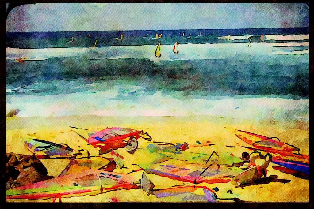 Sailing Sail Sailboarding 339034 Crowded Lineup, Hawaii A4 Limited Edition Watercolour Print