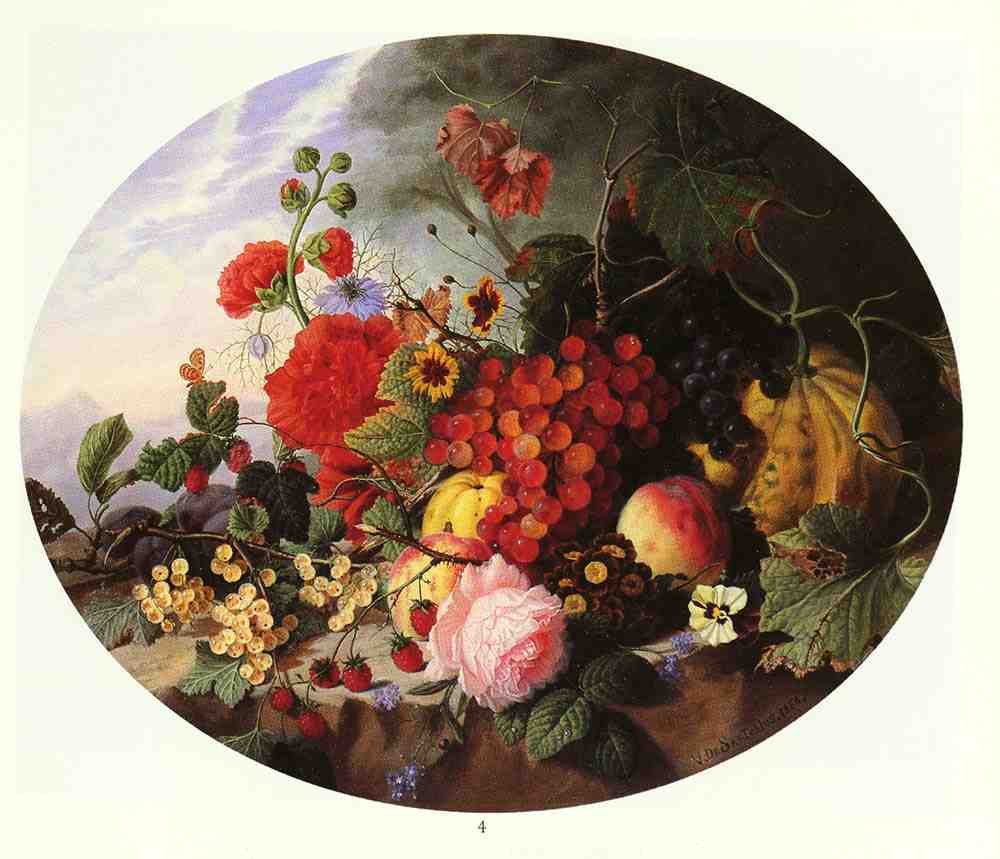 Sartorius Virginie de STILL LIFE WITH FRUIT AND FLOWERS ON A ROCKY LEDGE A4 Photo Print
