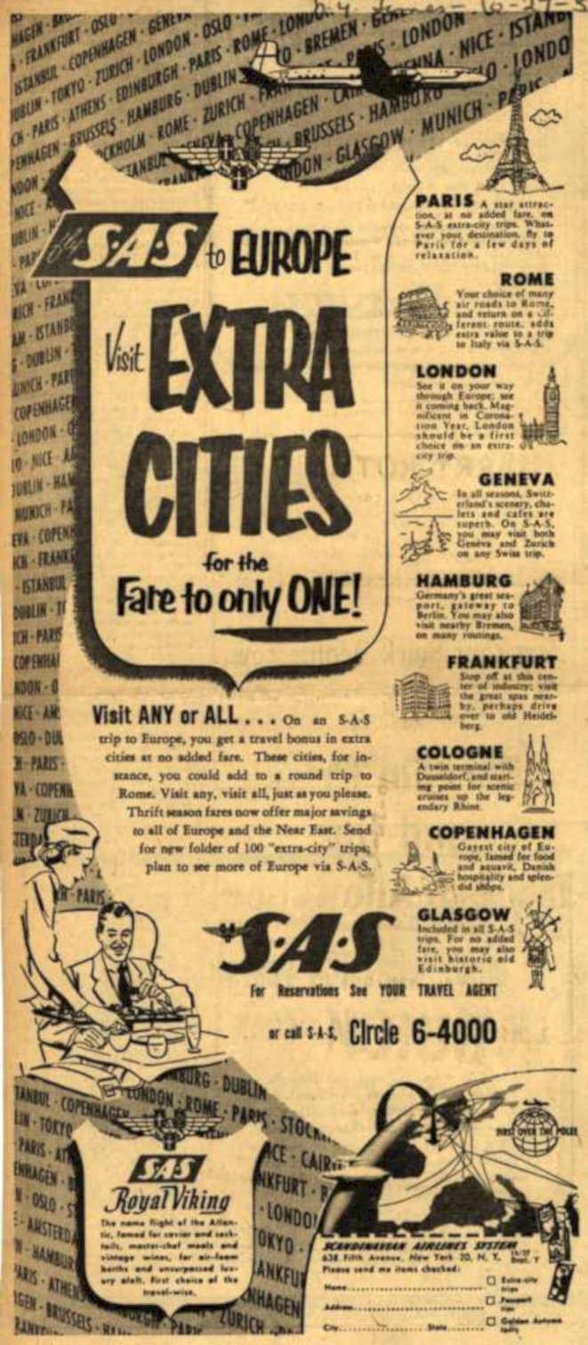 Sas Extra Cities Vintage Retro Advert Ads A4 Photo Print