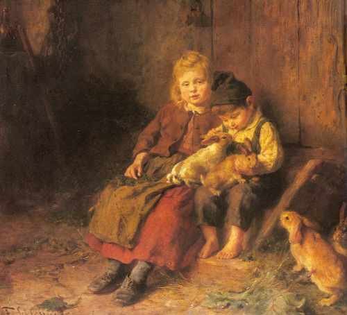 Schlesinger Felix Two Children Playing With Rabbits A4 Photo Print