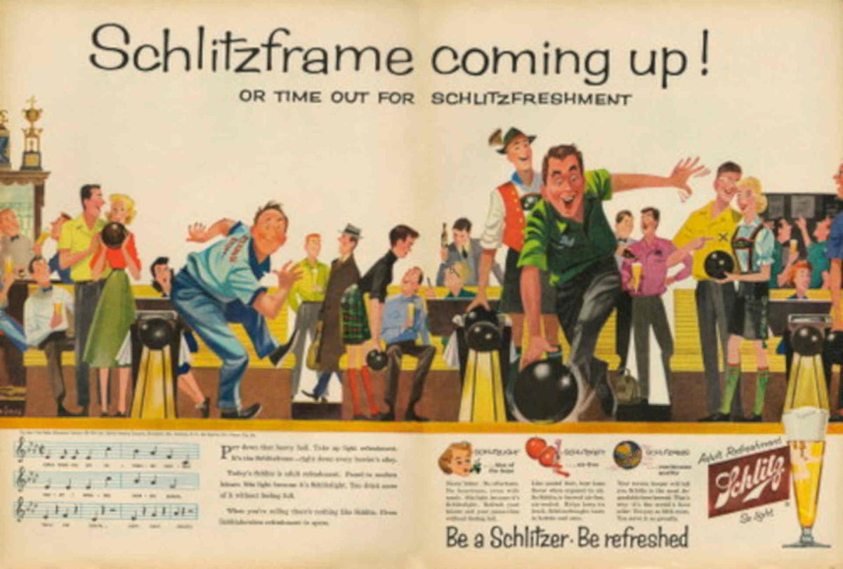 Schlitzframe Bowling Men 1950s Vintage Retro Advert Poster
