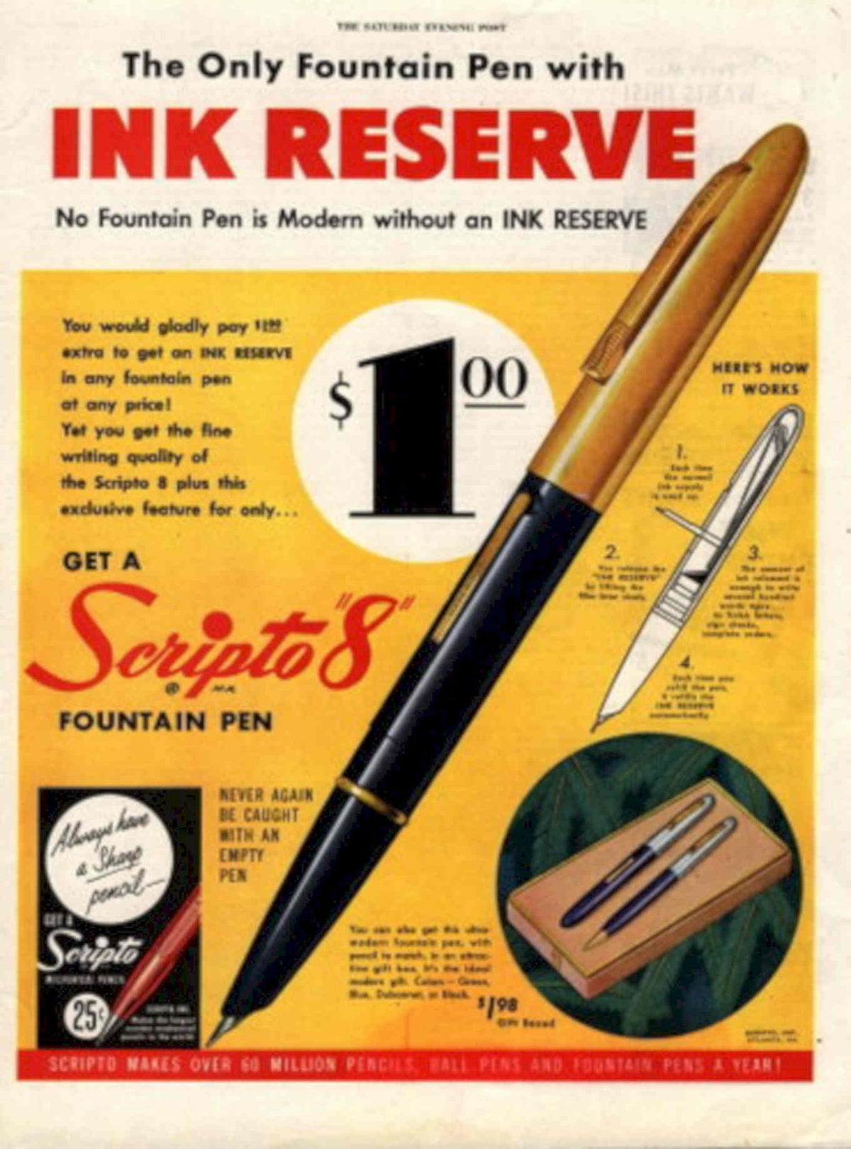 Scripto 8 Pen 1950s Vintage Retro Advert Poster
