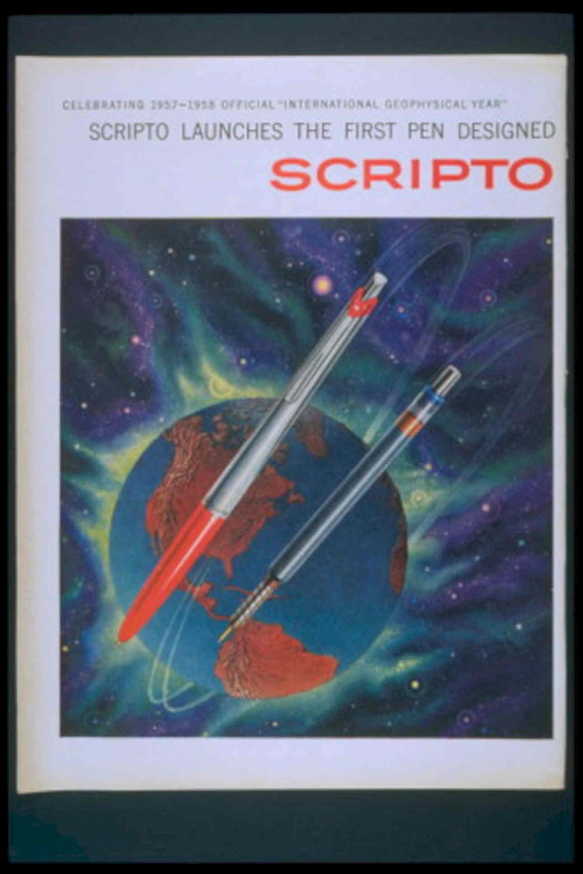Scripto Globe Pens 1950s Vintage Retro Advert Poster