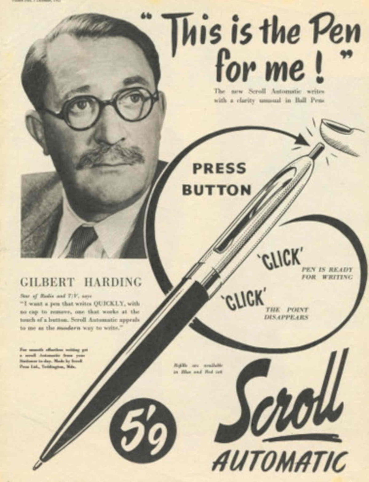 Scroll Automatic Pen 1950s Vintage Retro Advert Poster