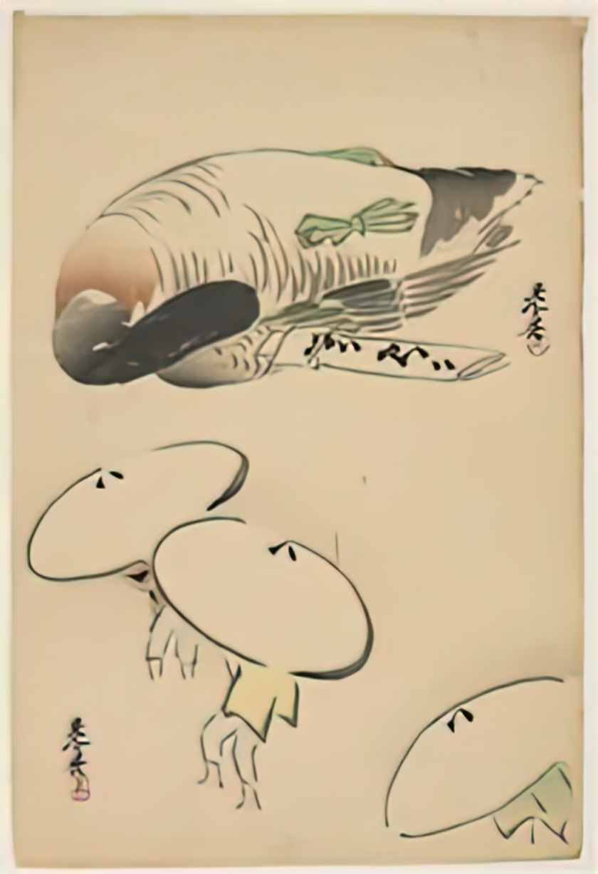Shibata Zeshin pheasant three men with umbrellas Art A4 Photo Print