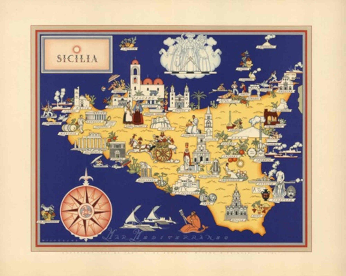 Sicily Map Mediterranean Vintage Retro Advert Poster