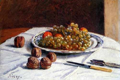 Sisley Alfred Grapes And Walnuts On A Table A4 Photo Print