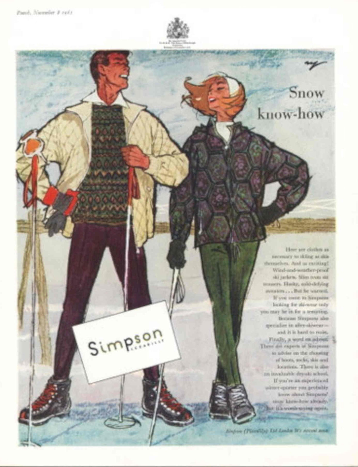Skiing Couple 1960s 1950s Vintage Retro Advert Poster