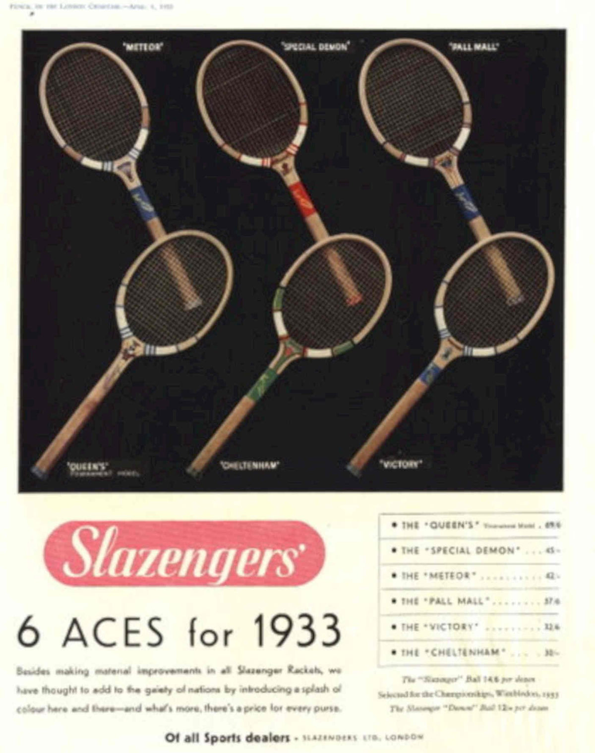 Slazenger Tennis Rackets 1930s Vintage Retro Advert Poster