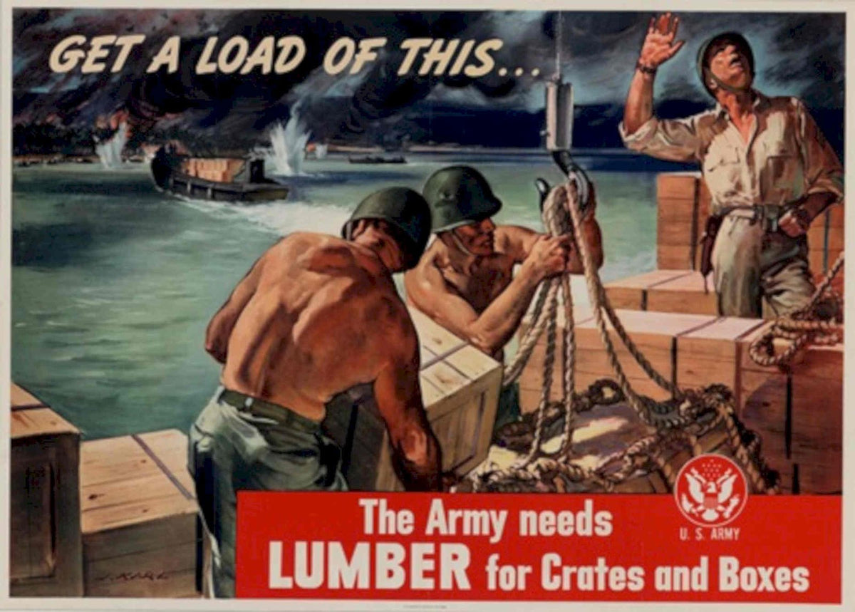 Soldiers Barge Lumber American World War II Advert Poster