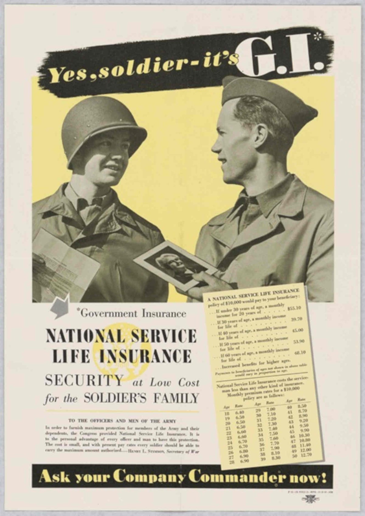 Soldiers Insurance 1944 American World War II Advert Poster