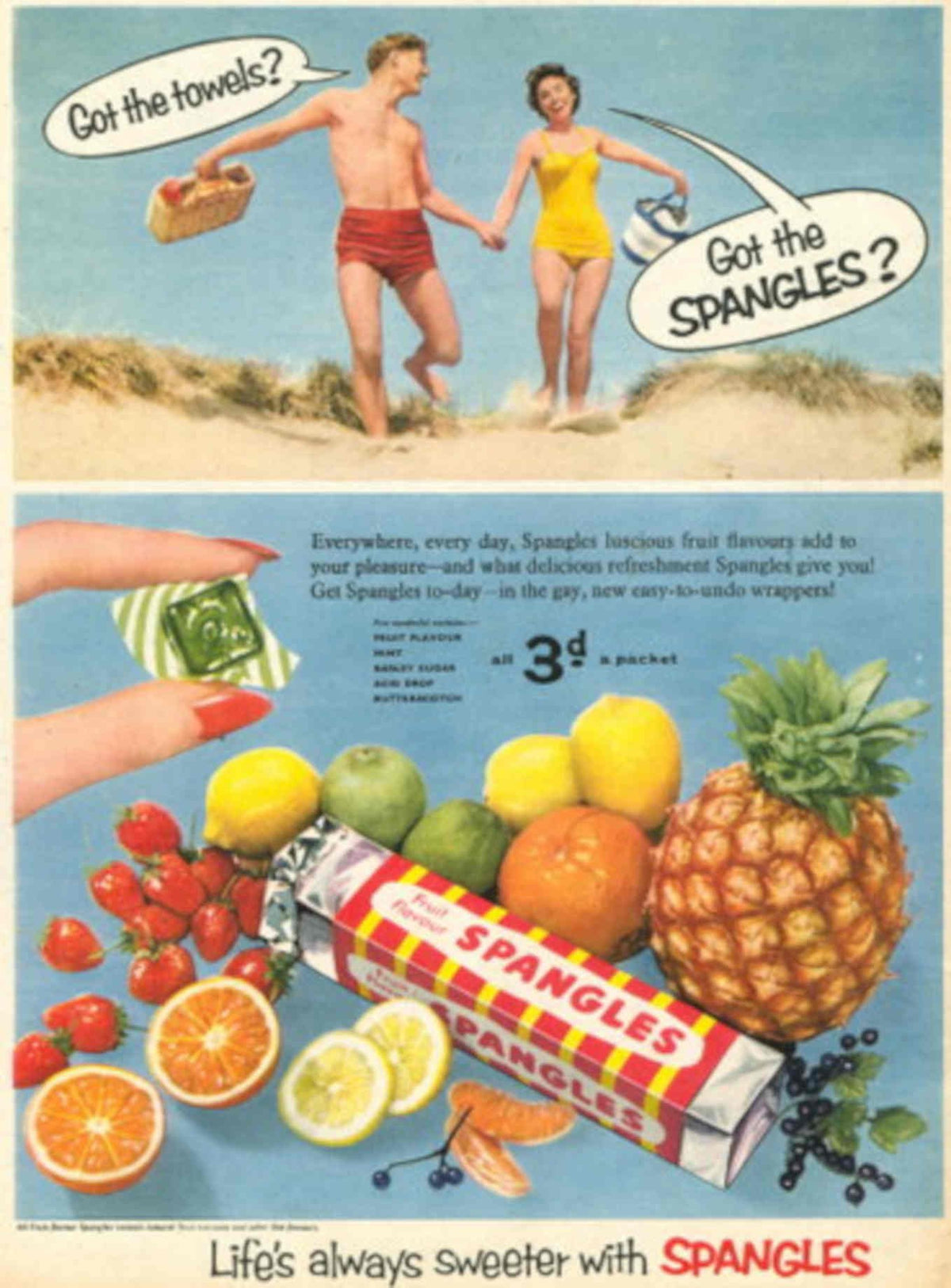 Spangles Beach Fruits 1950s Vintage Retro Advert Poster