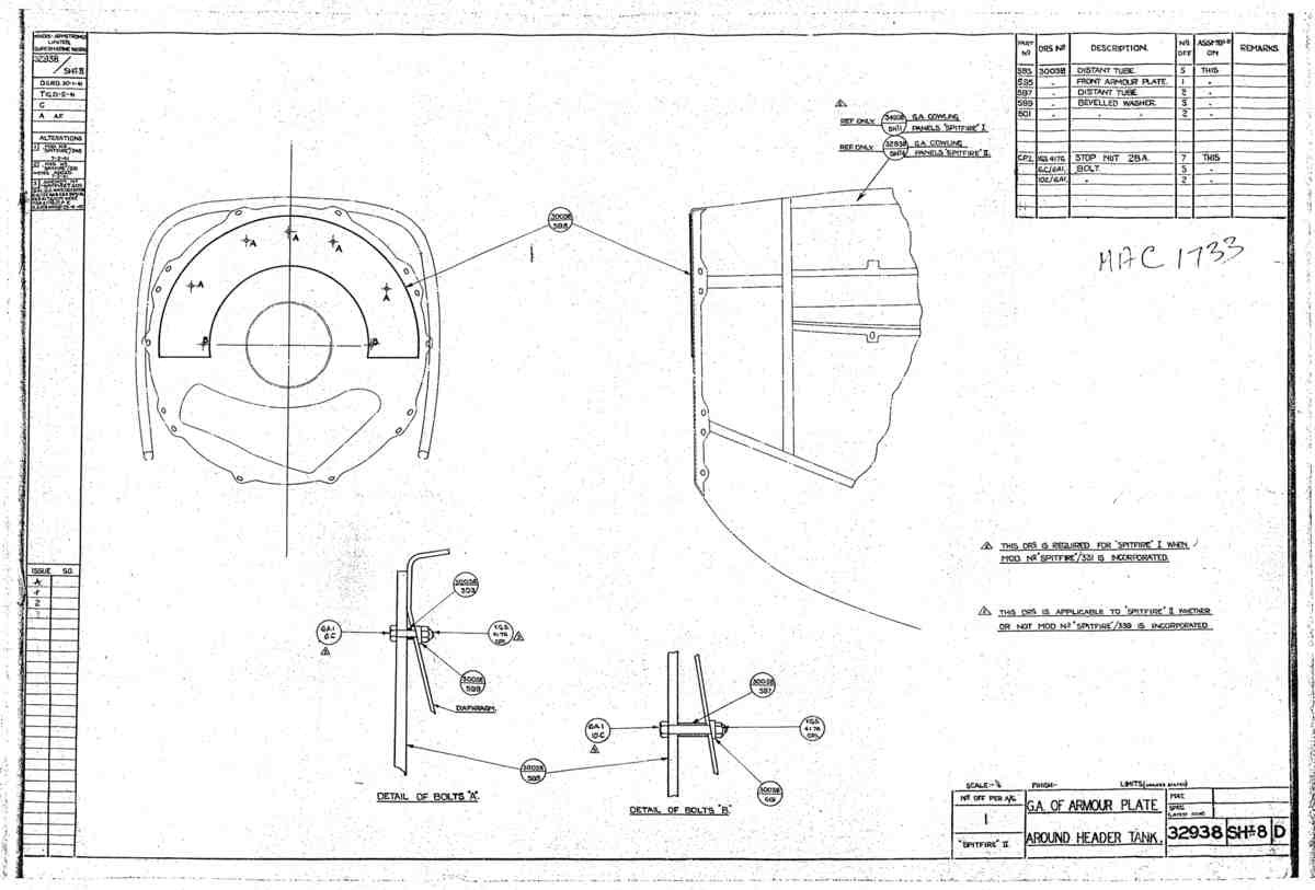 Spitfire Mk II Type 329 Blueprints 32938 8 D GA of Armour Plate Around Header Tank A4 Photo Print