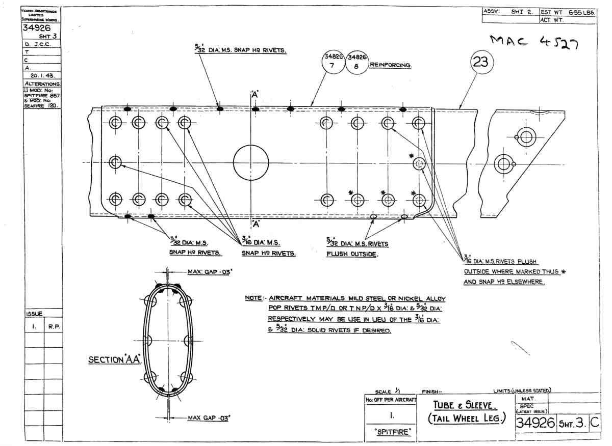 Spitfire Mk V Bau Blueprints 34926 SHT 3 C A4 Photo Print