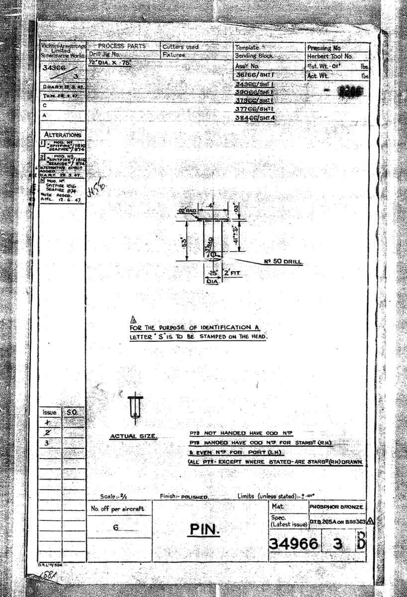 Spitfire Mk V Bau Blueprints 34966 SHT 3 B A4 Photo Print