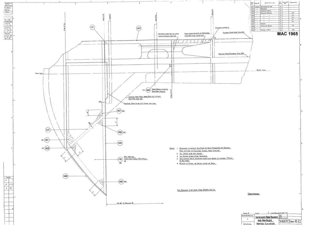 Spitfire Mk V Type 349 Blueprints 34920 6 G Increased Horn Balance and new block wooden elevator A4 Photo Print