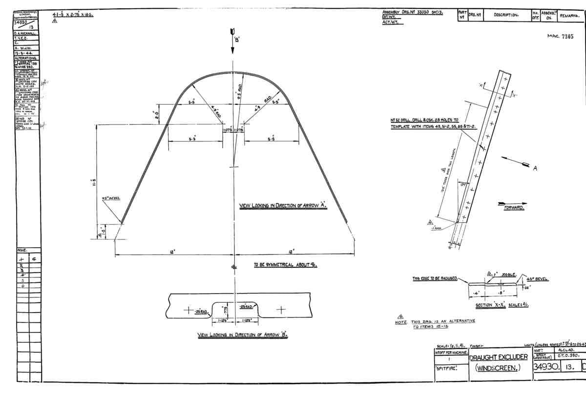 Spitfire Mk V Type 349 Blueprints 34930 13 D Draught Excluder windscreen A4 Photo Print