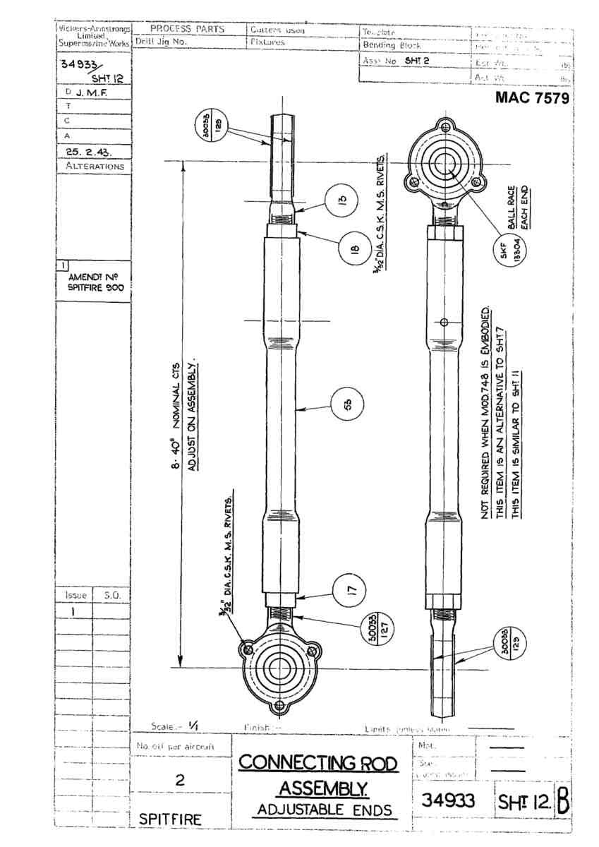 Spitfire Mk V Type 349 Blueprints 34933 12 B Connecting Rod Assembly A4 Photo Print
