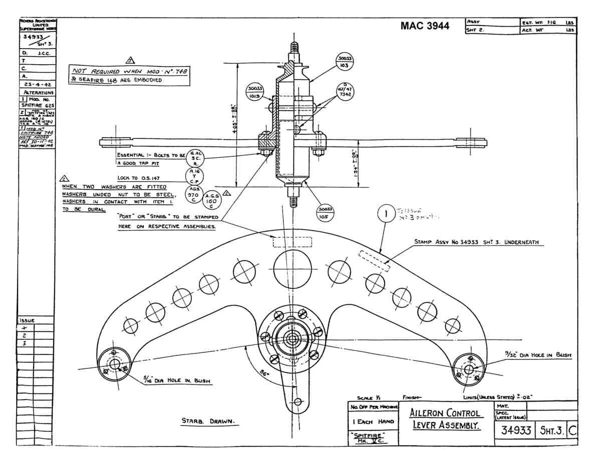 Spitfire Mk V Type 349 Blueprints 34933 3 C Aileron control Lever Assembly A4 Photo Print