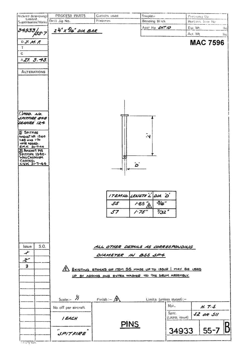 Spitfire Mk V Type 349 Blueprints 34933 5557 B Pins A4 Photo Print