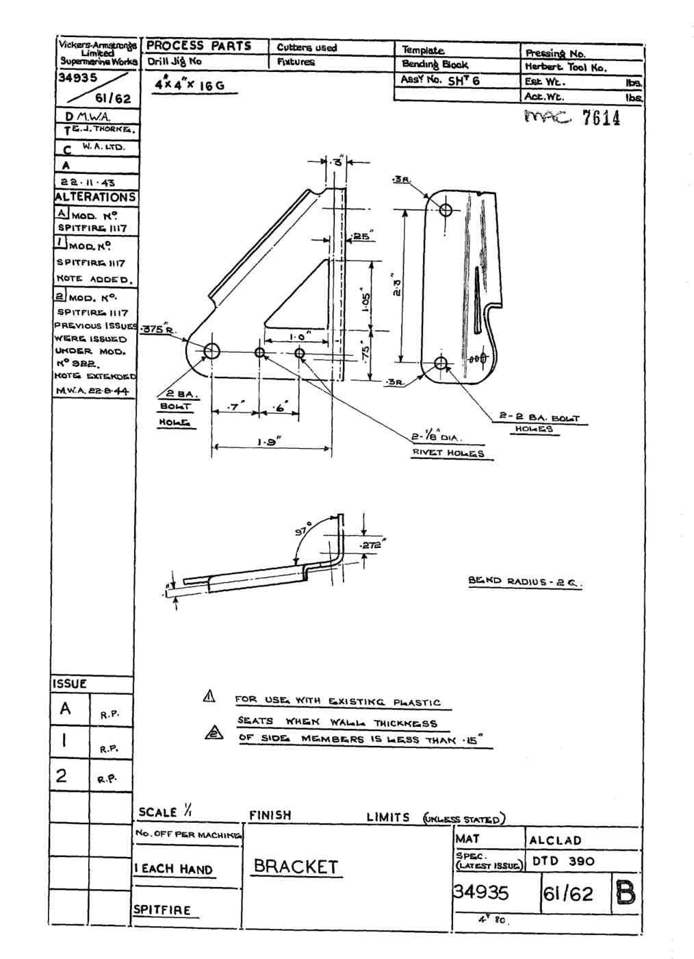 Spitfire Mk V Type 349 Blueprints 34935 6162 B Bracket A4 Photo Print