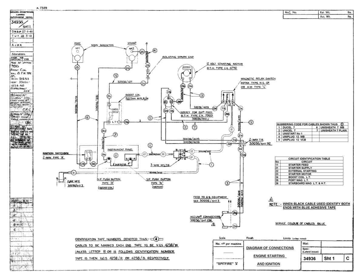 Spitfire Mk V Type 349 Blueprints 34936 1 C Diagram of Connections Engine Starting And Ignition A4 Photo Print