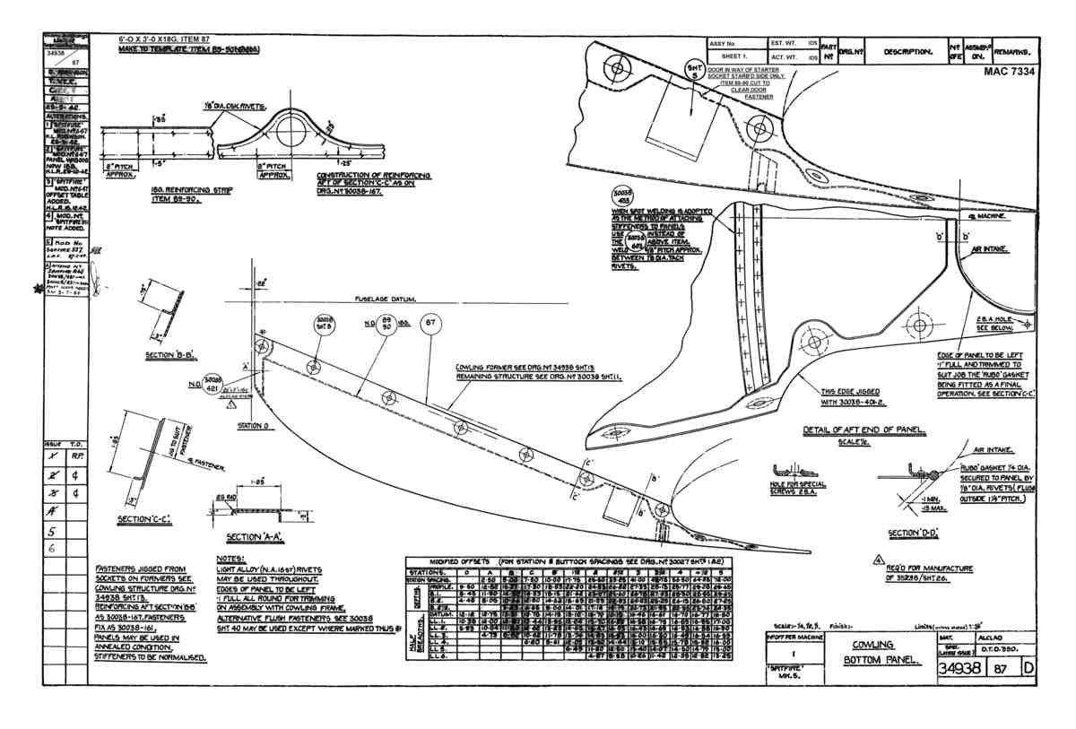 Spitfire Mk V Type 349 Blueprints 34938 87 D Cowling Bottom Panel A4 Photo Print