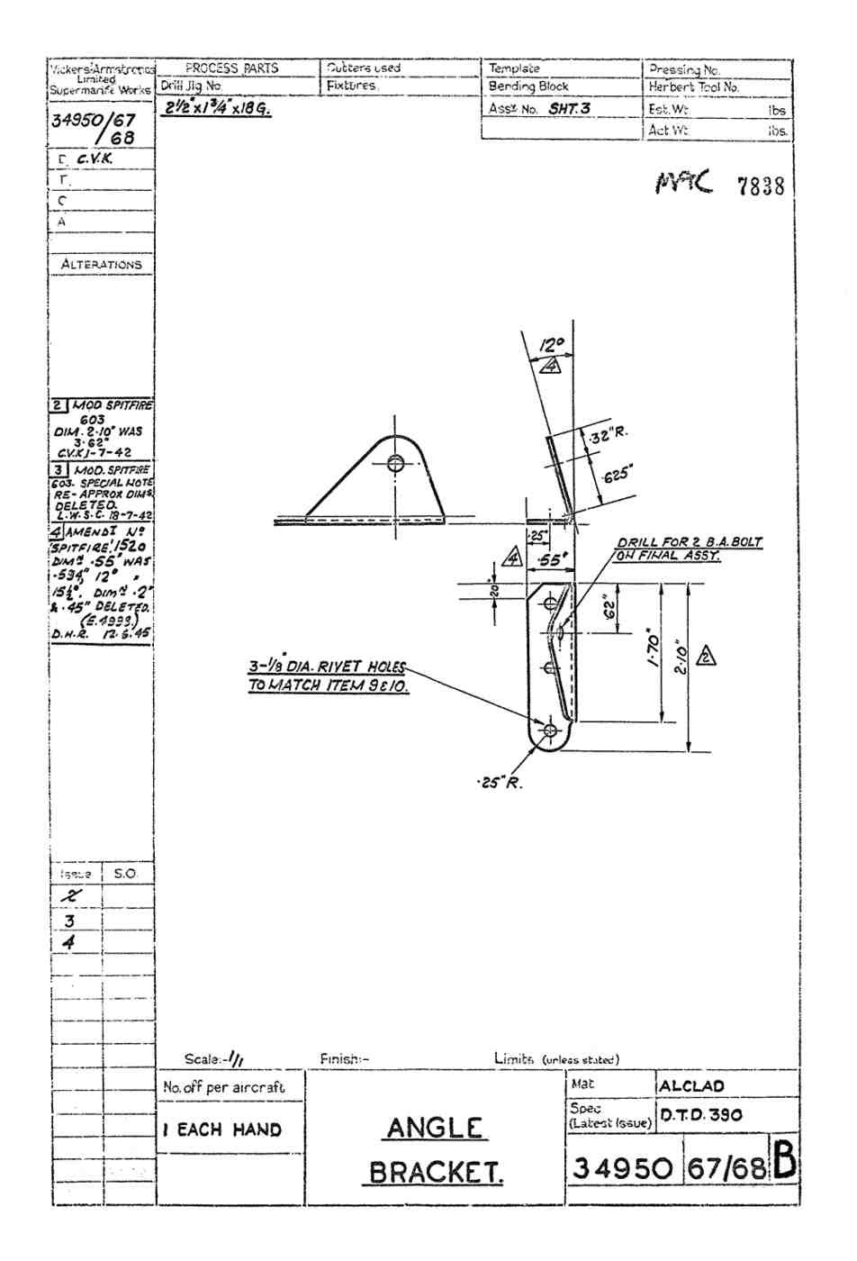 Spitfire Mk V Type 349 Blueprints 34950 6768 B Angle Bracket A4 Photo Print
