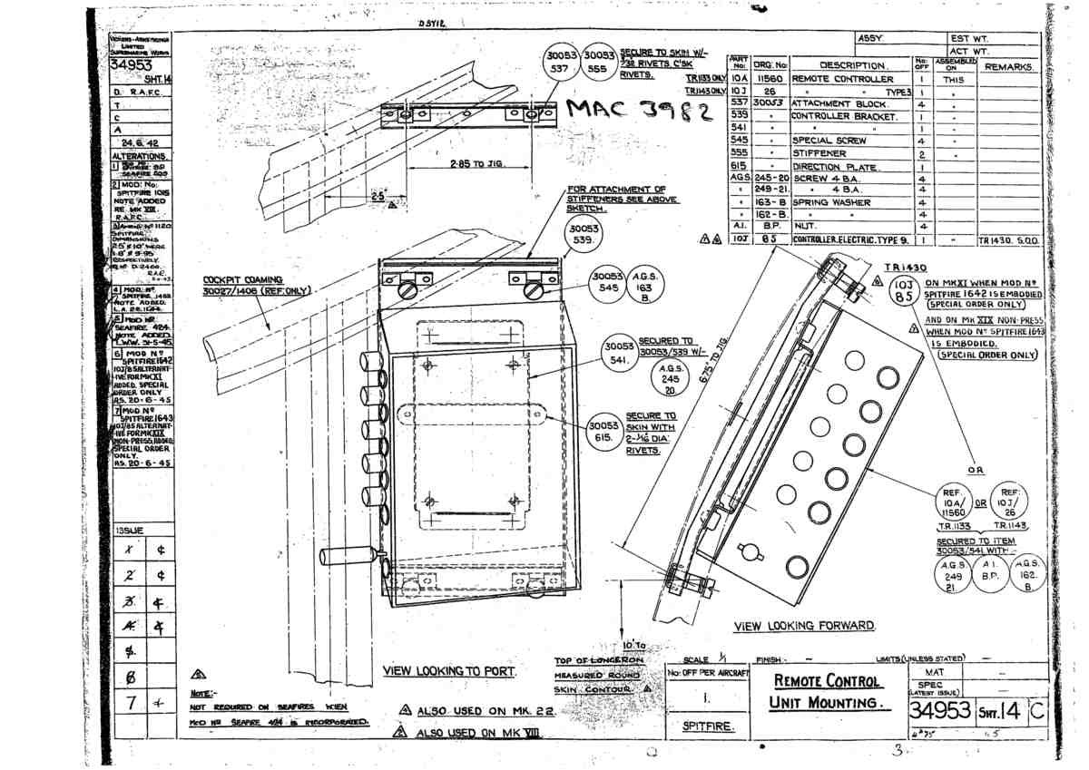 Spitfire Mk V Type 349 Blueprints 34953 14 C Remote Control Unit Mounting A4 Photo Print
