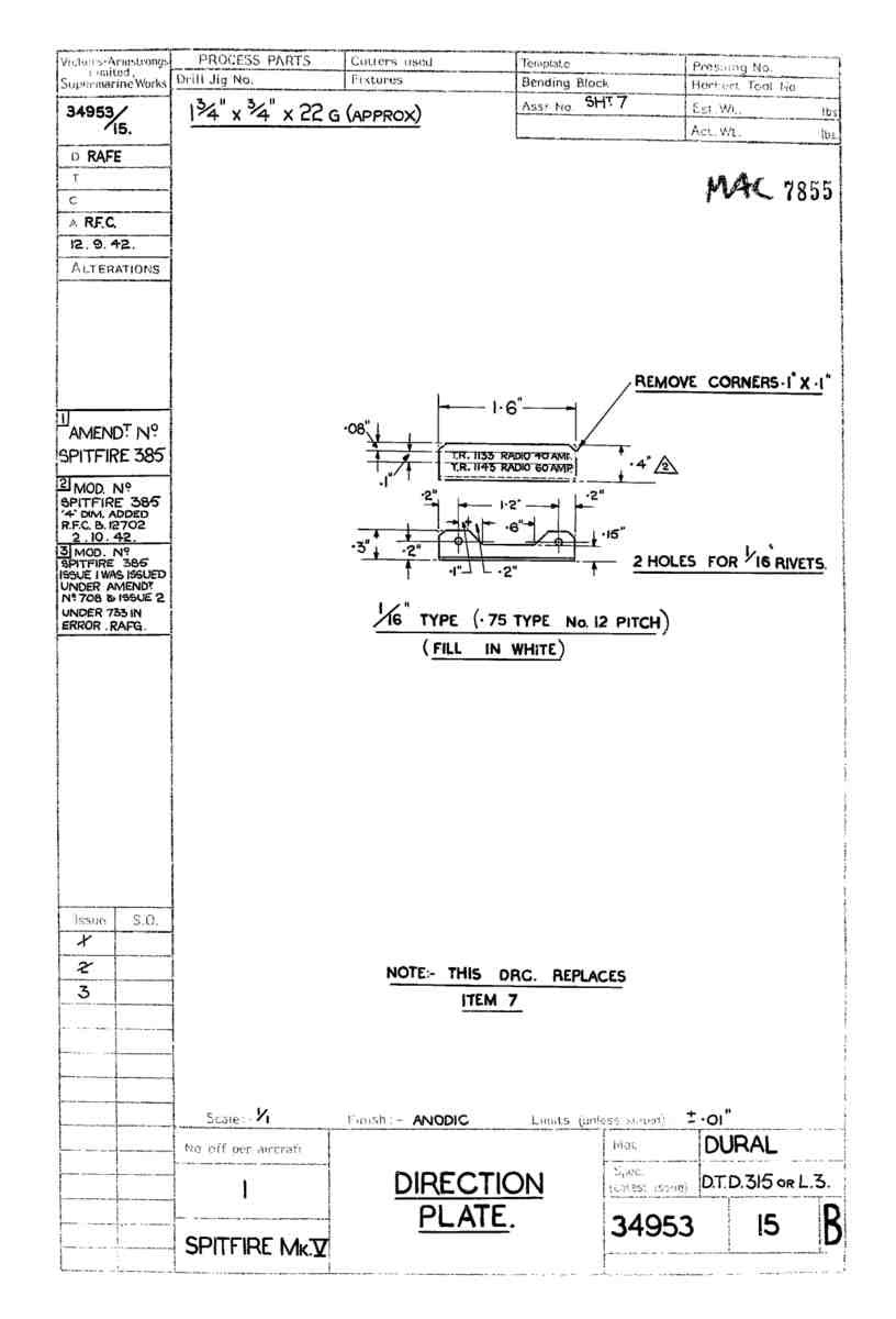 Spitfire Mk V Type 349 Blueprints 34953 15 B Direction Plate A4 Photo Print