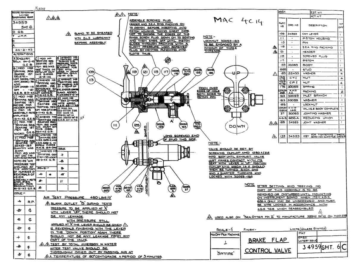 Spitfire Mk V Type 349 Blueprints 34959 6 C Brake Flap control Valve A4 Photo Print