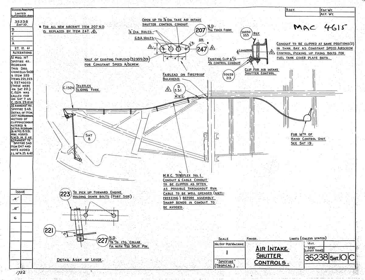 Spitfire Mk V Type 352 Vokes Blueprints 35238 10 C Air intake shutter Controls A4 Photo Print