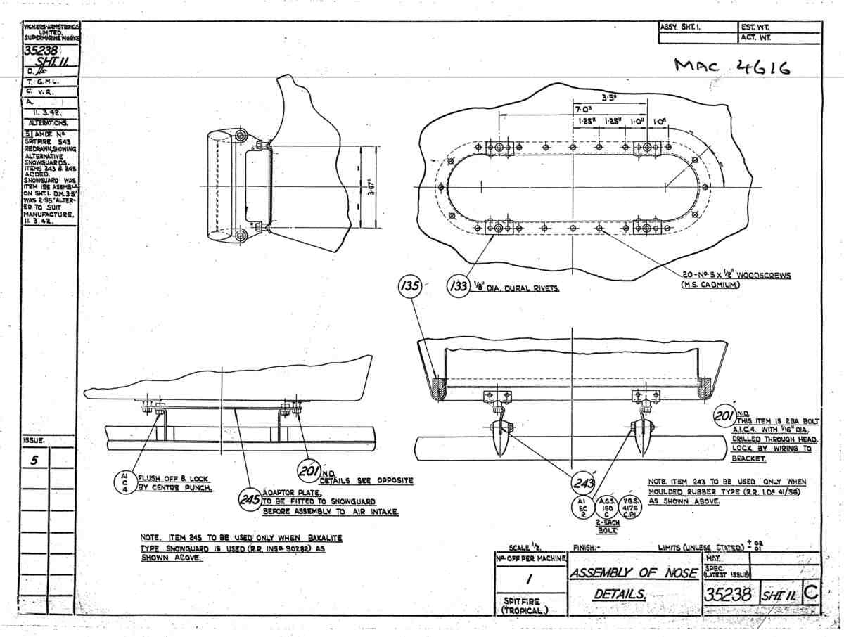 Spitfire Mk V Type 352 Vokes Blueprints 35238 11 C Assembly of Nose details A4 Photo Print
