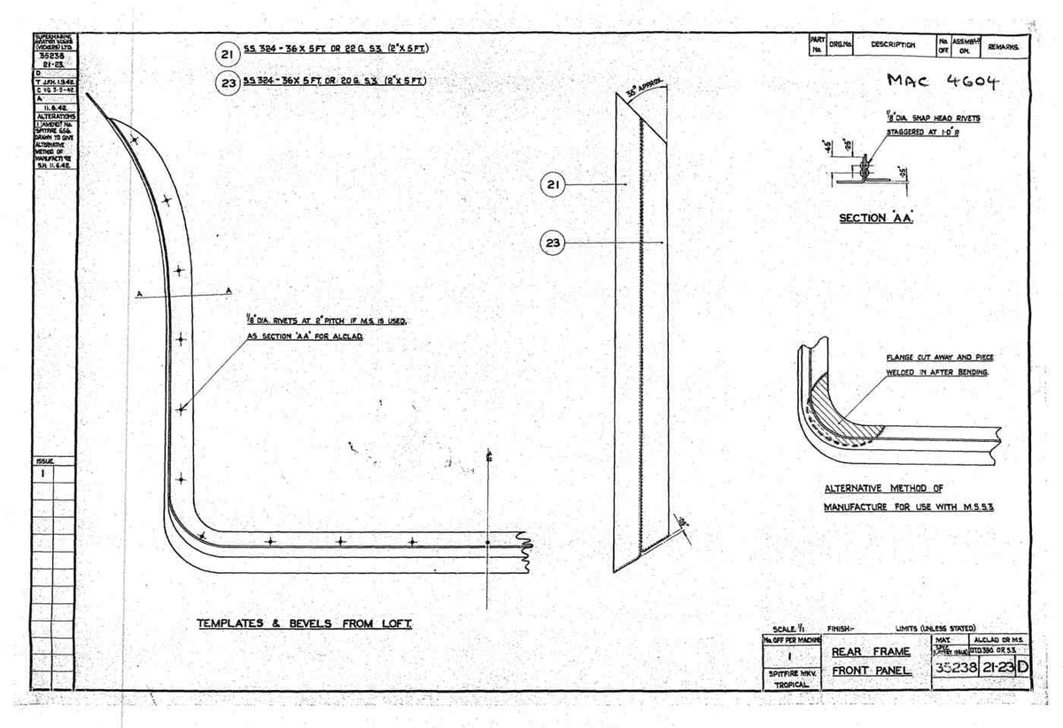 Spitfire Mk V Type 352 Vokes Blueprints 35238 2123 D Rear Frame Front Panel A4 Photo Print