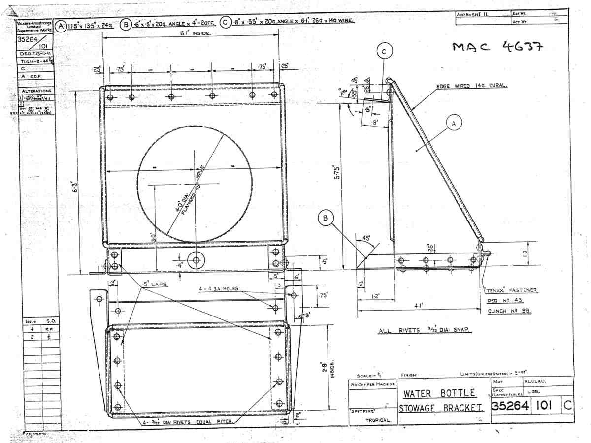 Spitfire Mk V Type 352 Vokes Blueprints 35264 101 C Water bottle stowage bracket A4 Photo Print