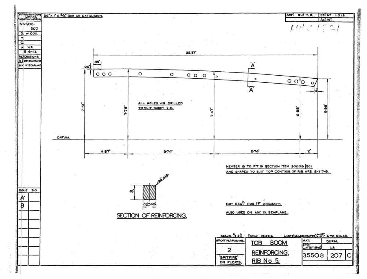 Spitfire Mk V Type 355 Blueprints 35508 207 C Top Boom Reinforcing Rib No 5 A4 Photo Print