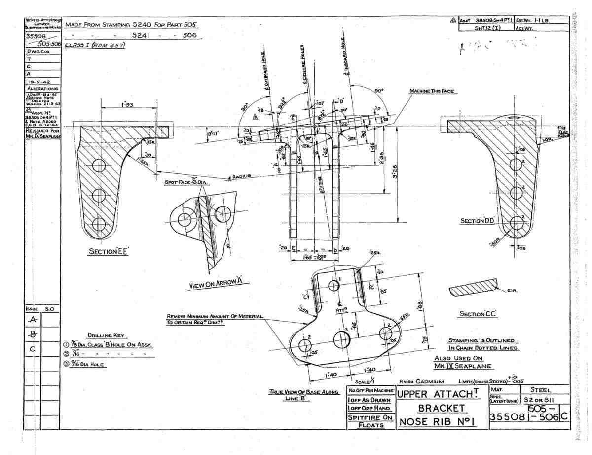 Spitfire Mk V Type 355 Blueprints 35508 505,506 C Upper Attachment Bracket Nose Rib No 1 A4 Photo Print