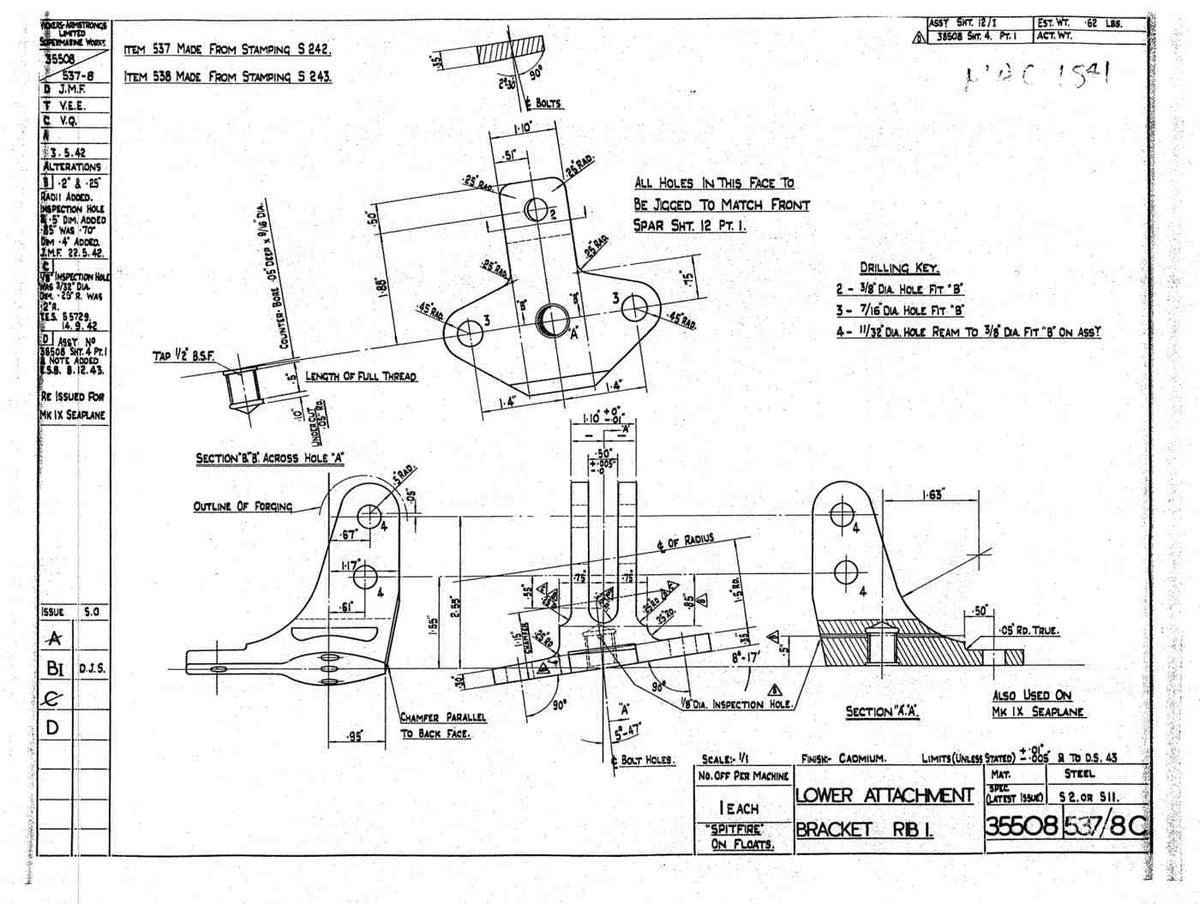 Spitfire Mk V Type 355 Blueprints 35508 537538 C Lower Attachment Bracket Rib 1 A4 Photo Print