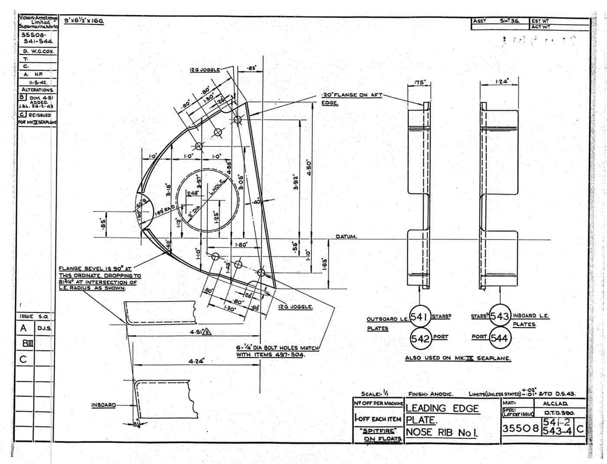Spitfire Mk V Type 355 Blueprints 35508 541542543544 C Leading Edge Plate Nose Rib No 1 A4 Photo Print
