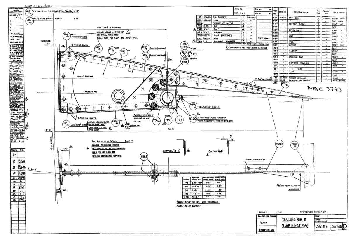Spitfire Mk VII Type 351 Blueprints 35108 42 d Trailing Rib 8 flap hinge area A4 Photo Print