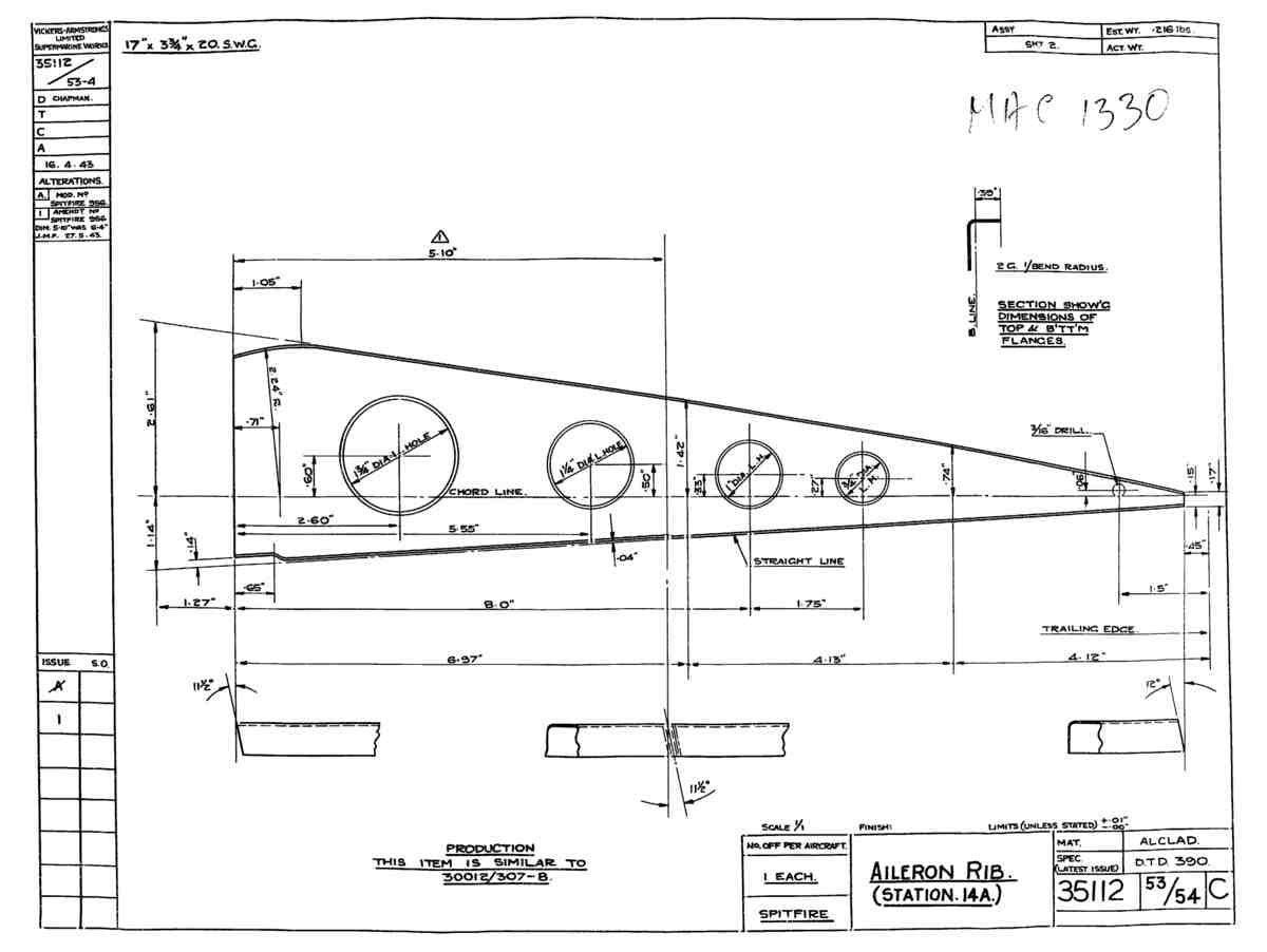 Spitfire Mk VII Type 351 Blueprints 35112 53 54 C Aileron Rib station 14A A4 Photo Print