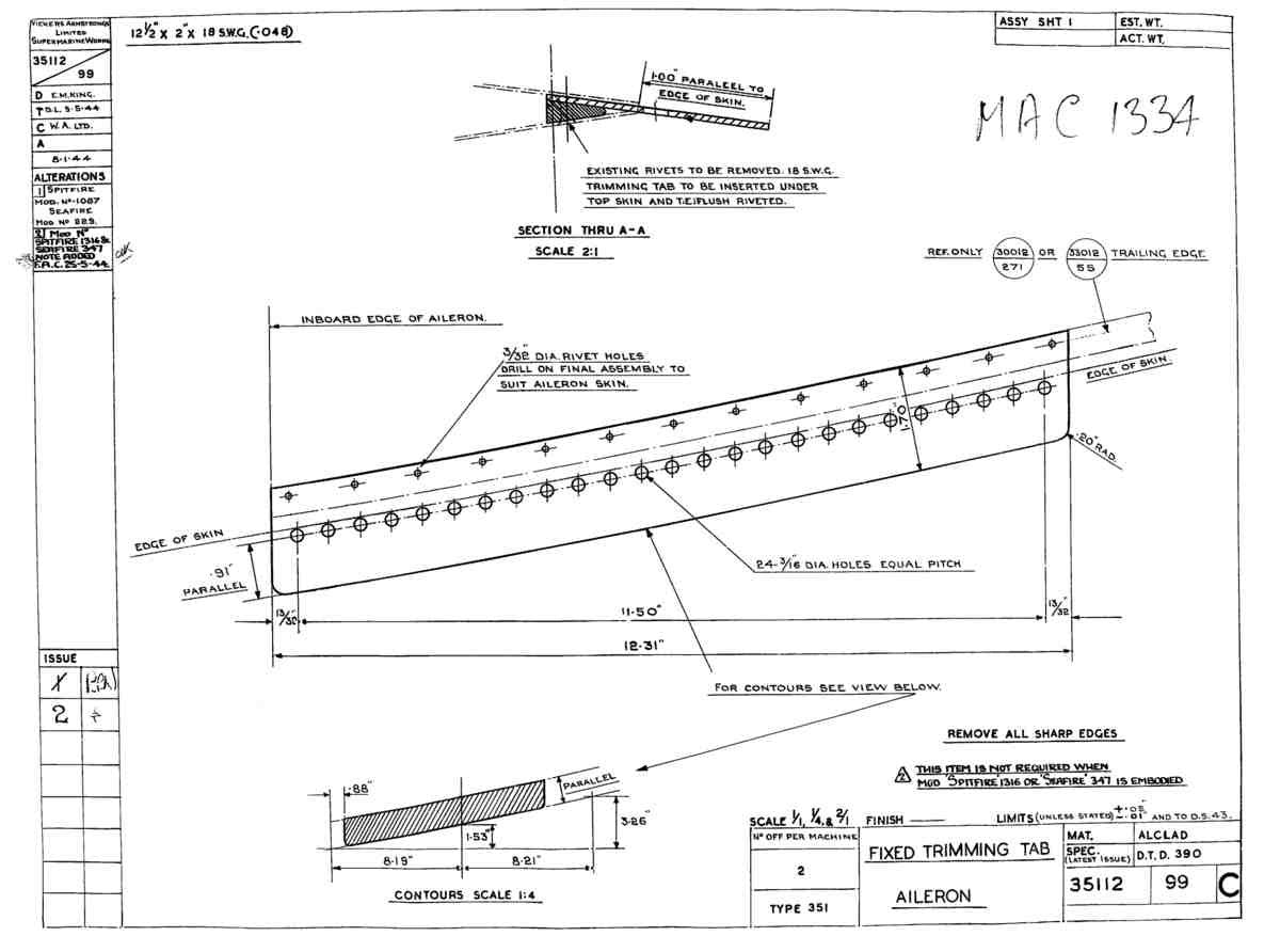 Spitfire Mk VII Type 351 Blueprints 35112 99 C Fixed Trimming Tab Aileron A4 Photo Print