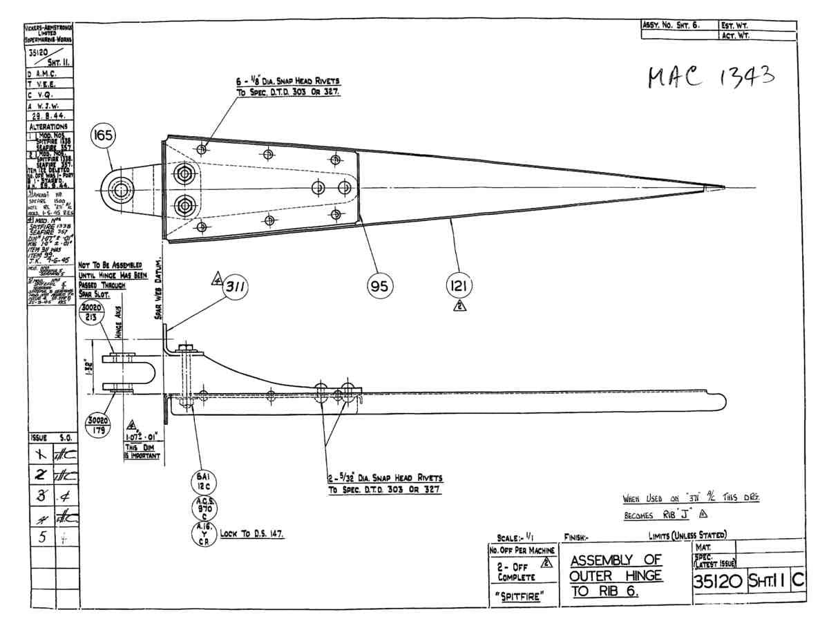 Spitfire Mk VII Type 351 Blueprints 35120 11 C Assembly of Outer Hinge to Rib 6 A4 Photo Print