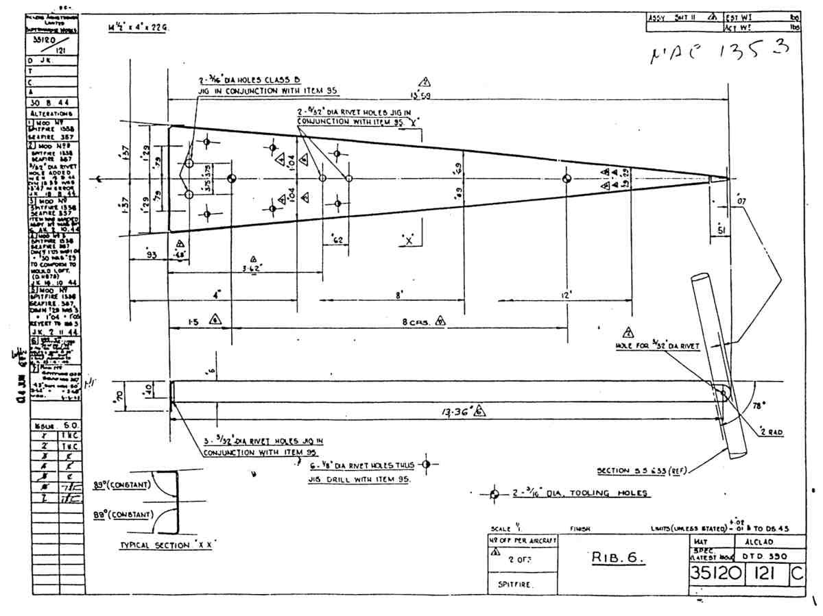 Spitfire Mk VII Type 351 Blueprints 35120 121 C Rib 6 A4 Photo Print