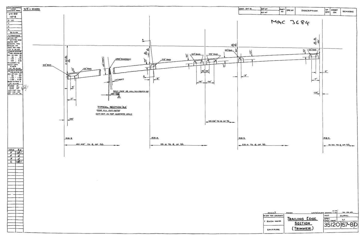 Spitfire Mk VII Type 351 Blueprints 35120 157158 D Trailing Edge section trimmer A4 Photo Print