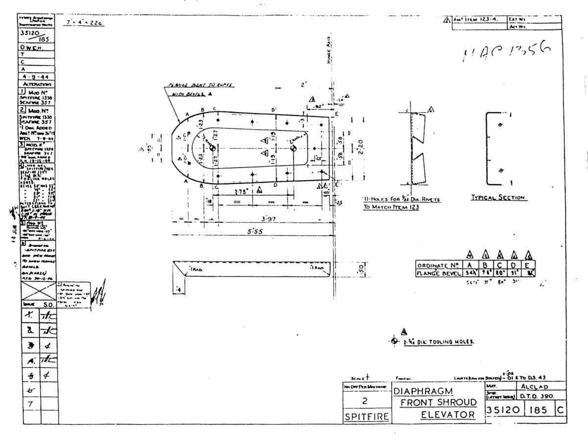 Spitfire Mk VII Type 351 Blueprints 35120 185 C Diaphragm Front Shroud Elevator A4 Photo Print