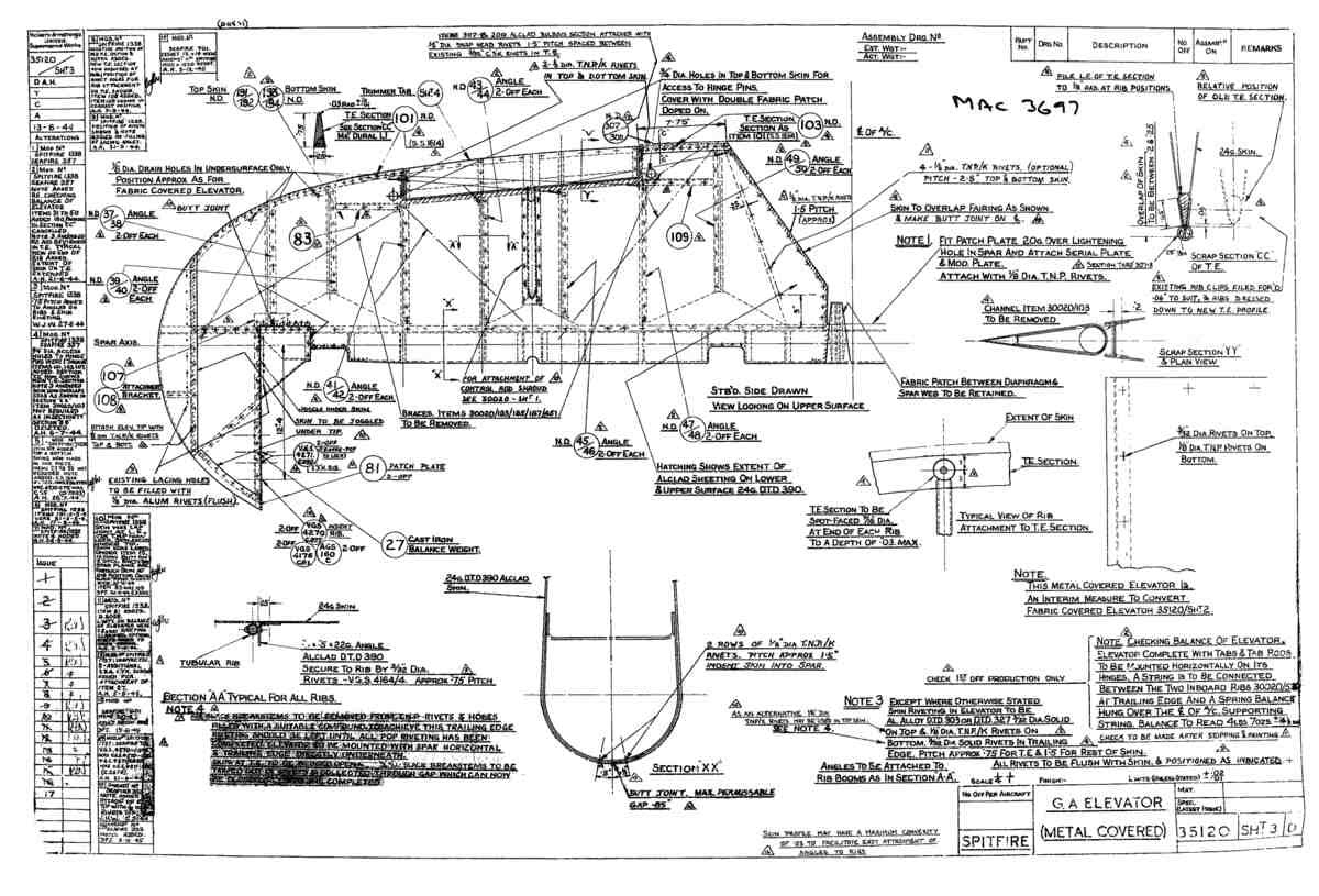 Spitfire Mk VII Type 351 Blueprints 35120 3 D GA Elevator metal covered A4 Photo Print